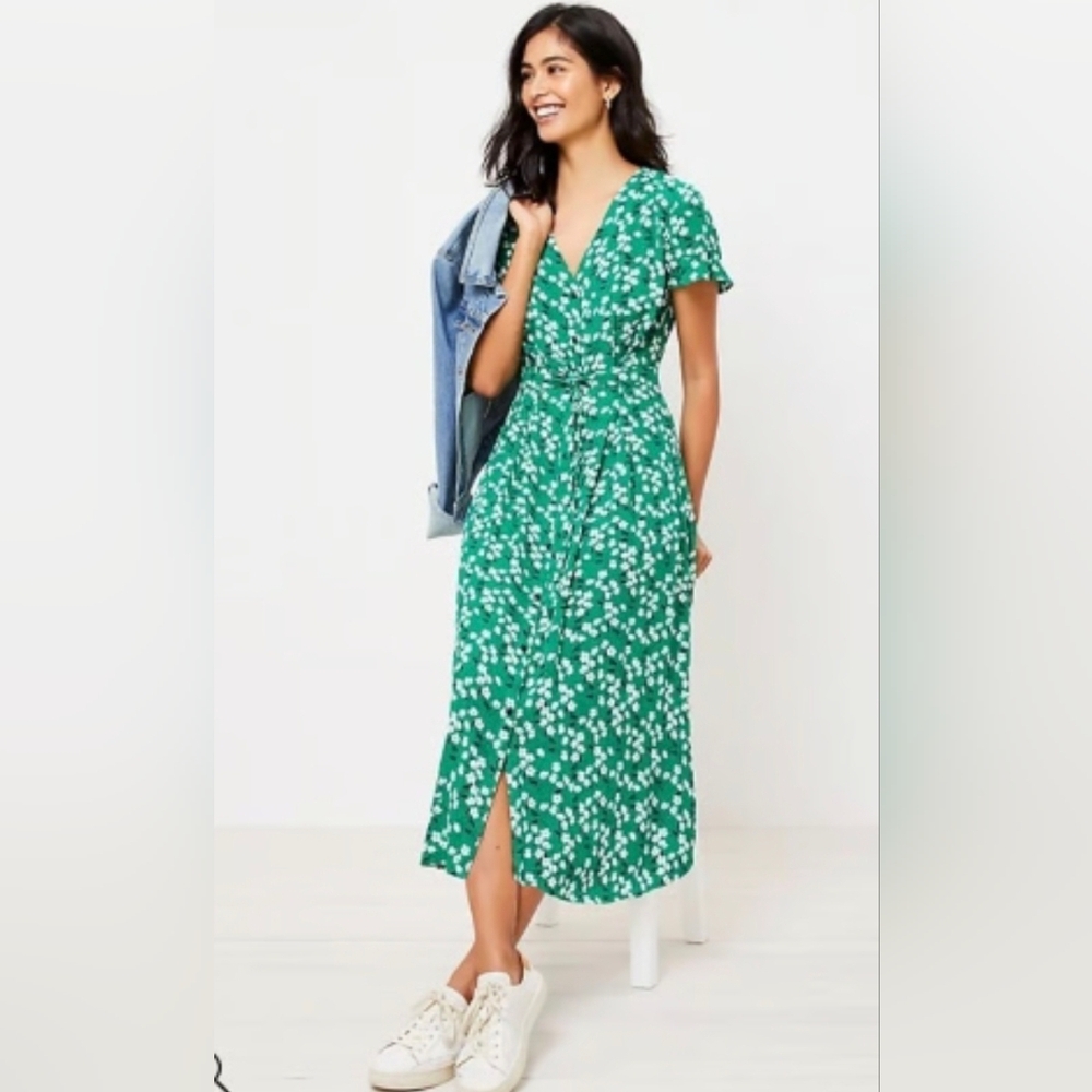 Loft Floral Print Flutter Sleeve Midi Dress Size 4